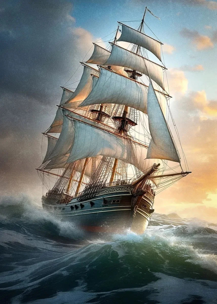 Pirate Ship Sailboat Sailing Ocean Moon Canvas Painting Poster Wall Picture Print for Living Room Home Decor Peaceful Pleasures Health and Wellness P12 20x30cm Unframed