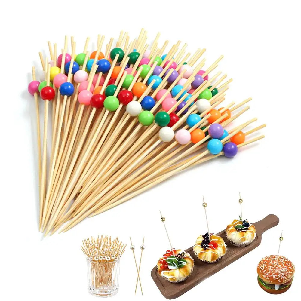 100pcs Pearl Bamboo Skewers | Gold Silver White Party Picks
