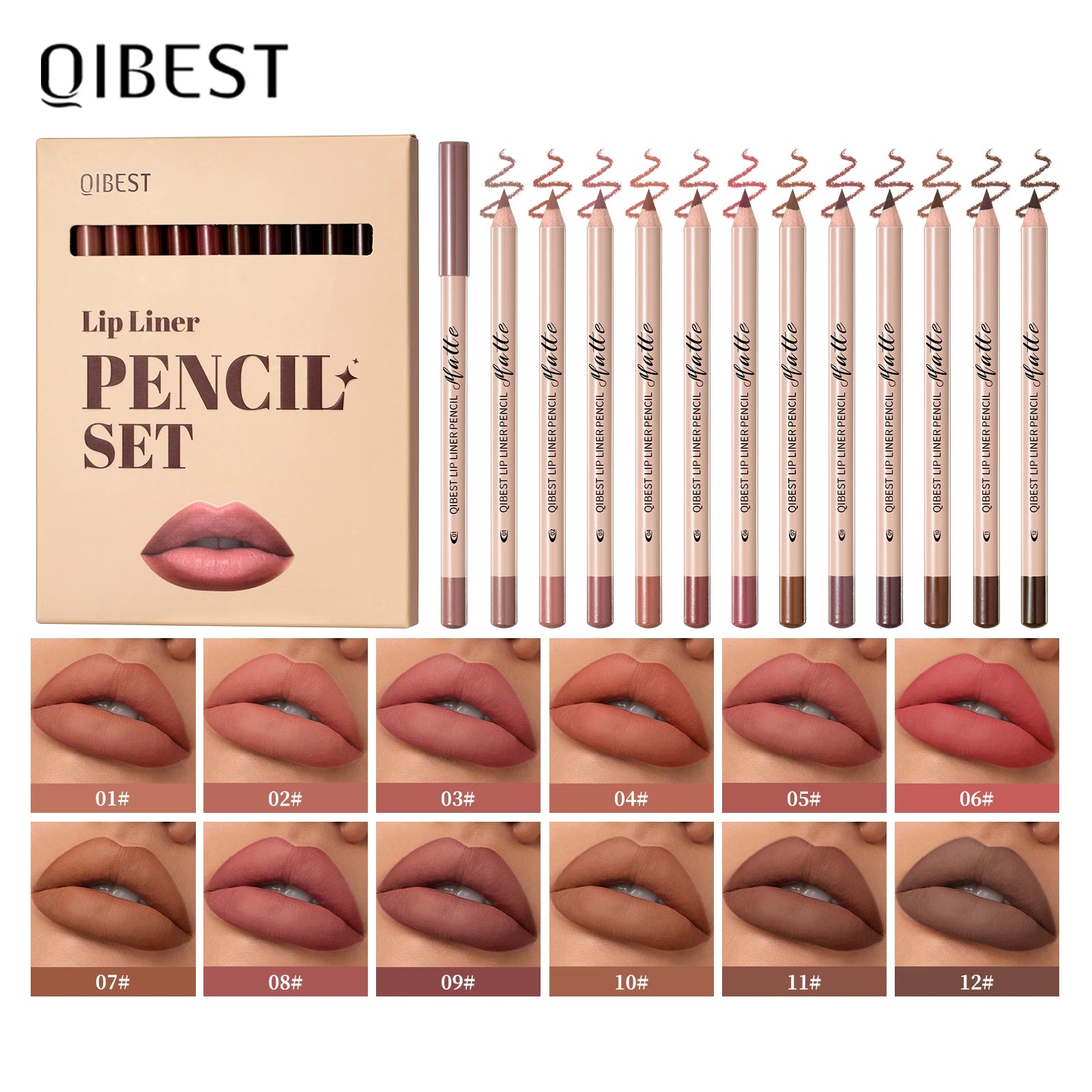 QIBEST 12pcs Lip Liner Pen Set Long-Lasting Waterproof Sweatproof Easy Coloring Non-fading Color Rendering Lipliner Set Makeup Peaceful Pleasures Health and Wellness