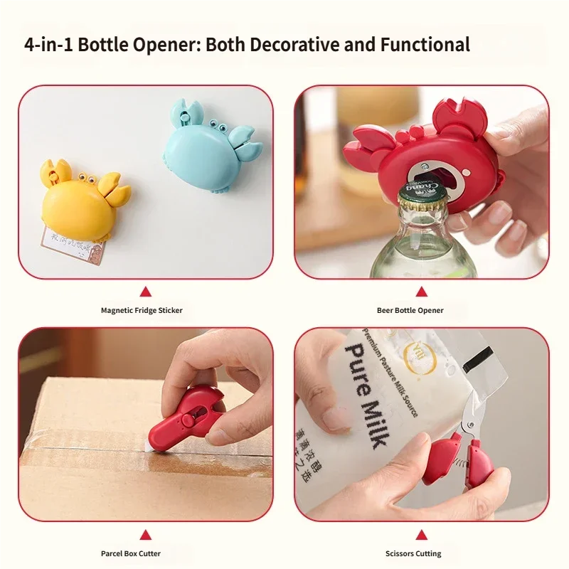 Crab Magnetic Bottle Opener 4-in-1 Kitchen Tool Set Beer Opener, Mini Scissors, Box Cutter, Fridge Magnet, Cute Cartoon Gadget Peaceful Pleasures Health and Wellness