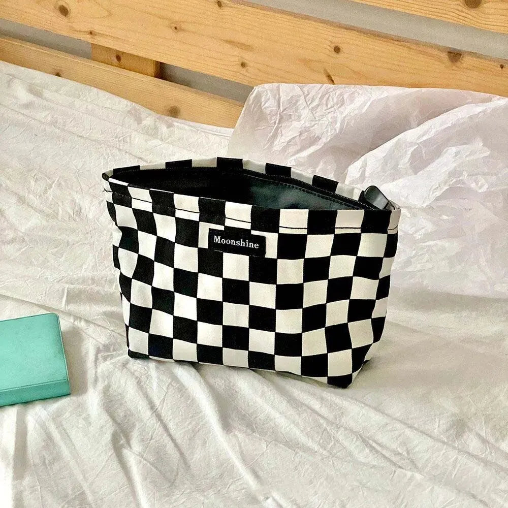 Black & White Plaid Large Cosmetic Bag | Checkerboard Toiletry