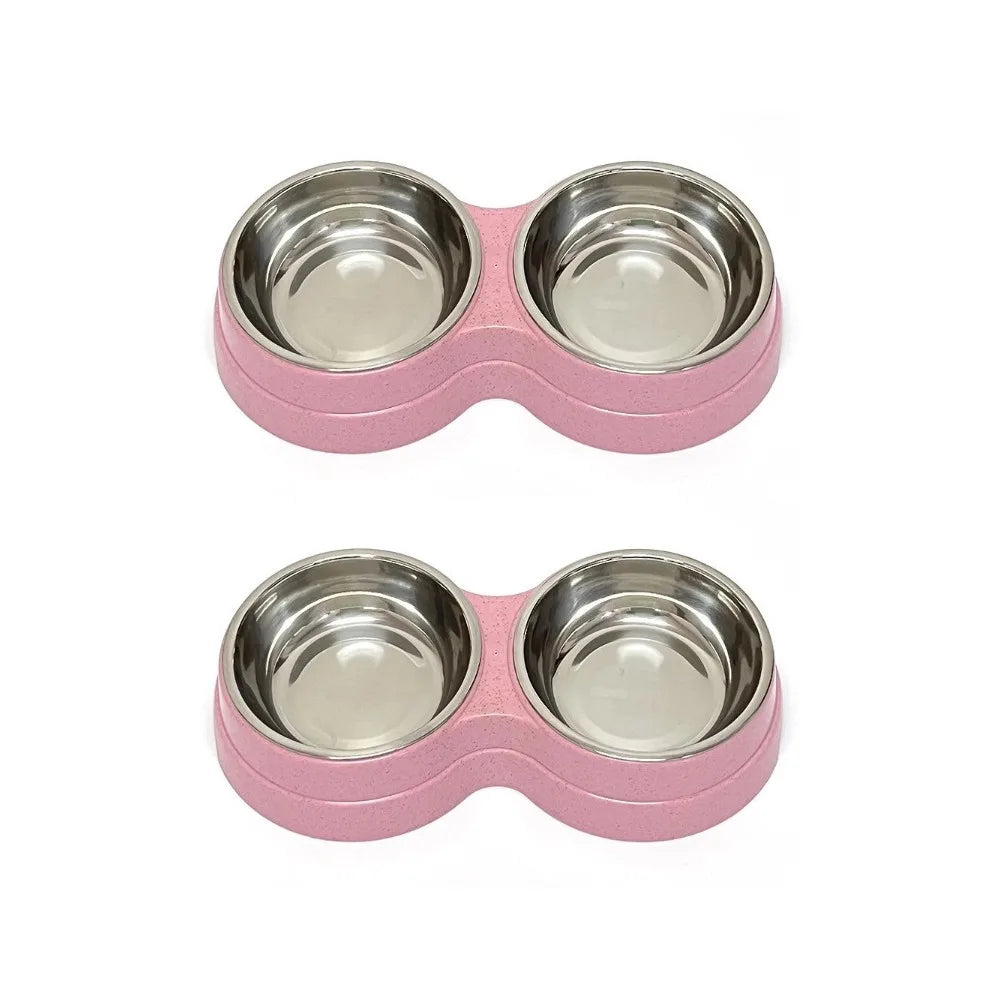 Colorful Wheat Straw Base Stainless Steel Pet Tableware Healthy Safe Double Bowl Feeding Set Liner Cat Dog Drinking Feeding Bowl Peaceful Pleasures Health and Wellness 2pcs Pink