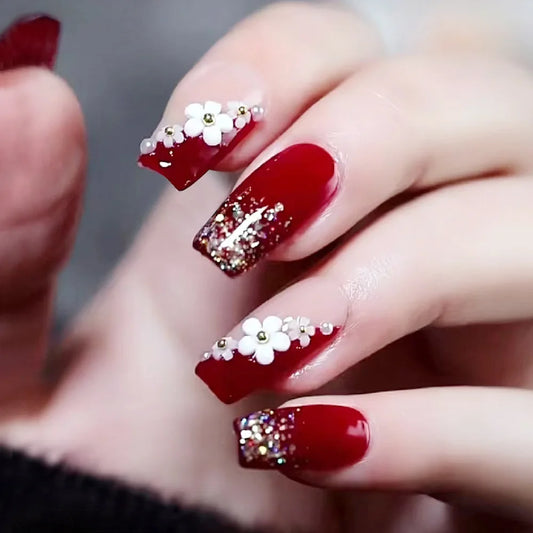 24pcs Glossy Red Press on Nails with White flowers Decor Coffin Head Fake Nails Full Cover Wearable Sweet Korean False Nails Peaceful Pleasures Health and Wellness style 1