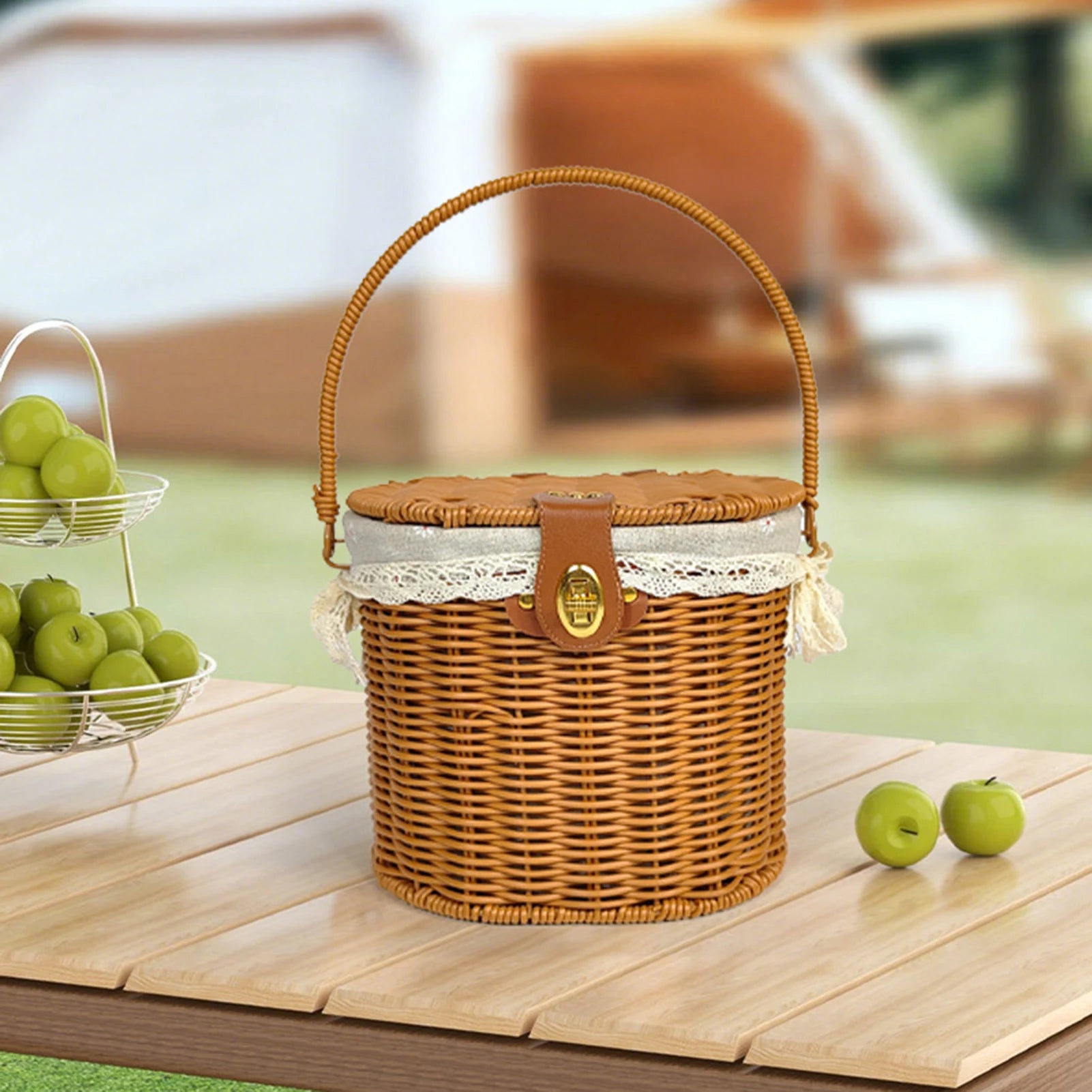 Vintage Country Style Picnic Basket with Belt Buckle Decoration for Outdoor Use Peaceful Pleasures Health and Wellness