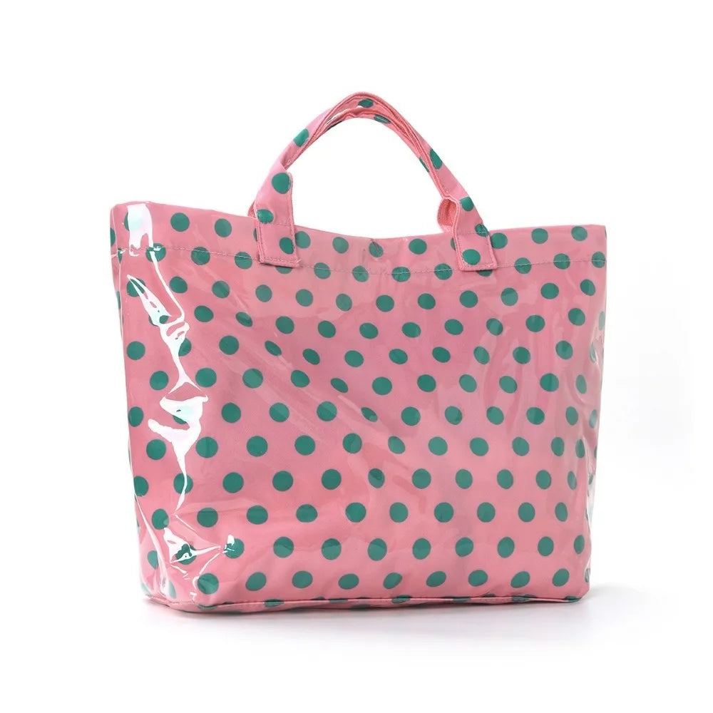 Large Polka Dot PVC Tote Bag – Waterproof Beach & Travel Handbag Waterproof Tote Bag Peaceful Pleasures Health and Wellness Pink Green