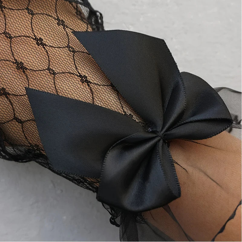 A pair of blackY2KPunk style fingerless gloves，With bowknot and lace details - Non-elastic Texture Design，Suitable for women's d Peaceful Pleasures Health and Wellness