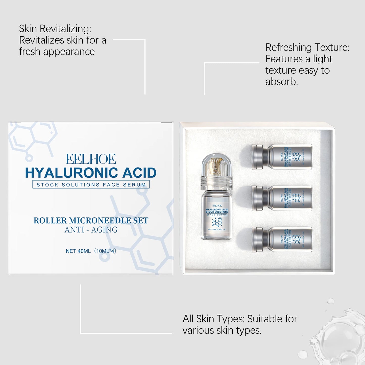 Hyaluronic Acid Face Serum & Microneedle Roller Set Anti-Aging