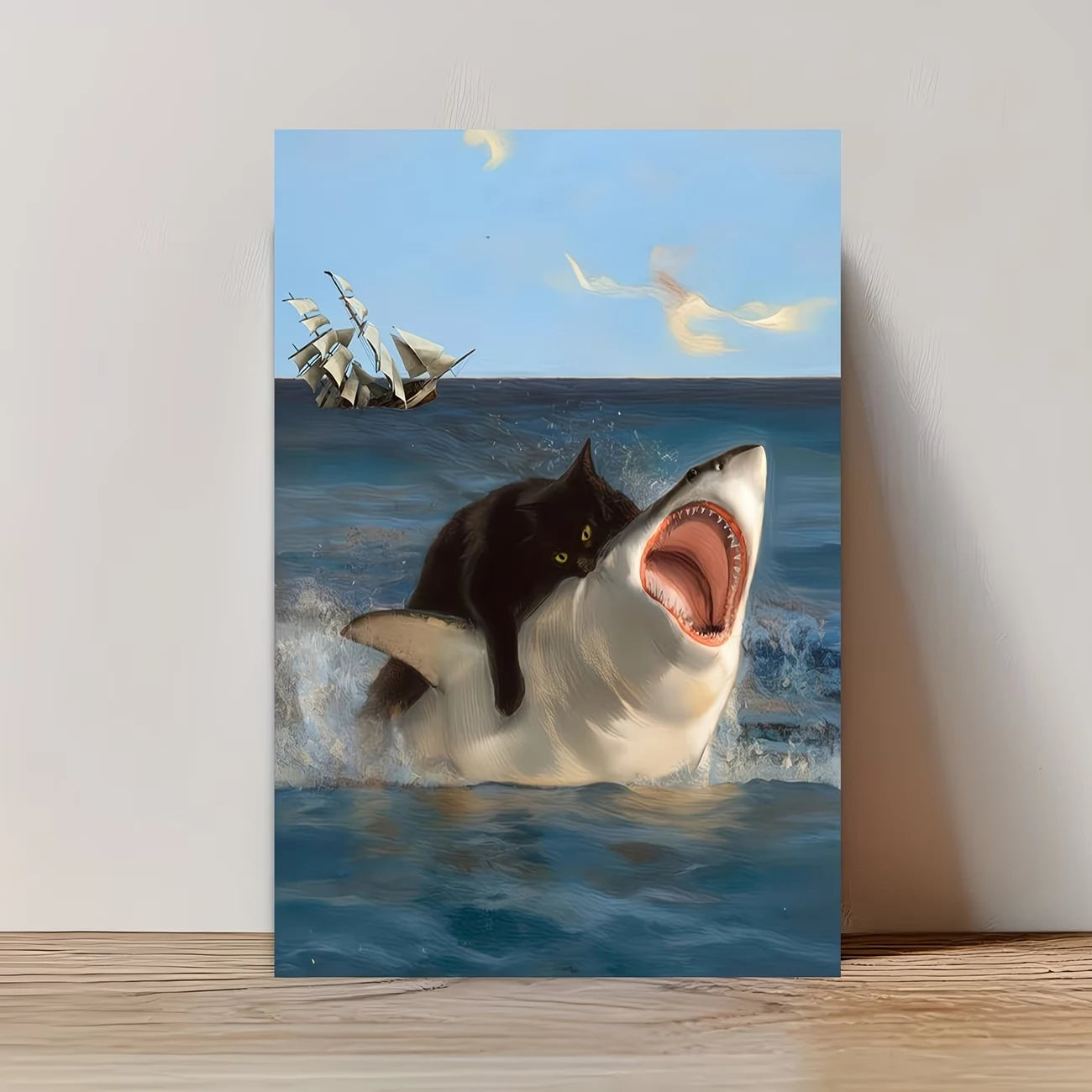Modern Humorous Cat Shark In The Ocean Wall Art Print Canvas Painting Poster Picture For Living Room,Bedroom Home Decor Peaceful Pleasures Health and Wellness