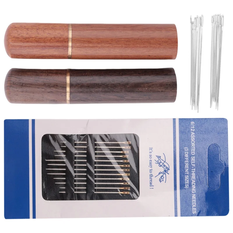 A36T-2Pcs Wooden Needle Case With 12 Gold Tail Back Hanging Needles And 4 Large-Eye Leather Stitching Needles For Handmade Sewin Peaceful Pleasures Health and Wellness