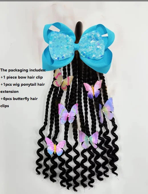 Kid Ponytail Braid Hair Extensions with Curly Ends - Elastic with Butter/ Dreadlock Hair Beads- Protective Hairstyle Detachable Peaceful Pleasures Health and Wellness Butterfly blue