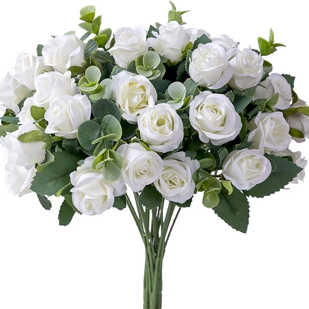 11 Heads Artificial Bouquet Eucalyptu Roses Flower Weddings Decor