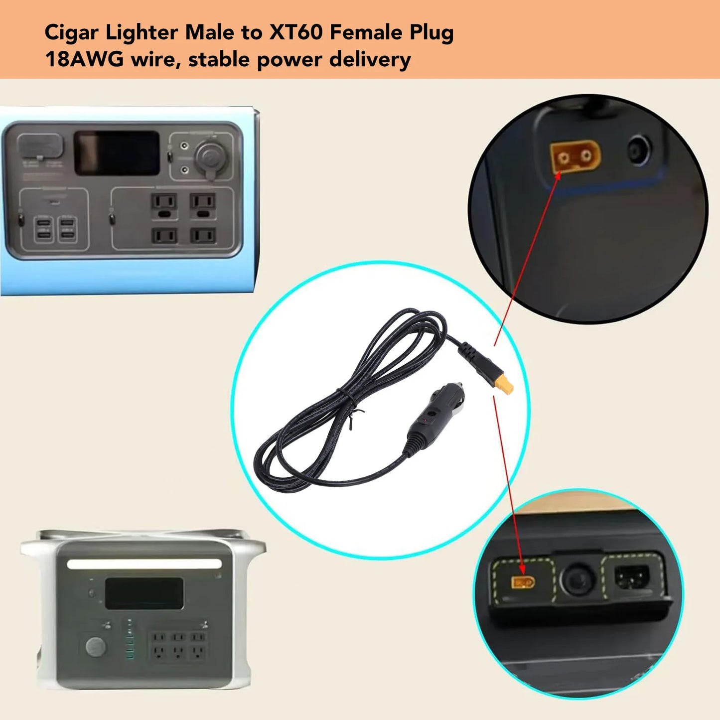 Cigar Lighter XT60 Female Cable Stable Power Transfer 9 84ft 18AWG
