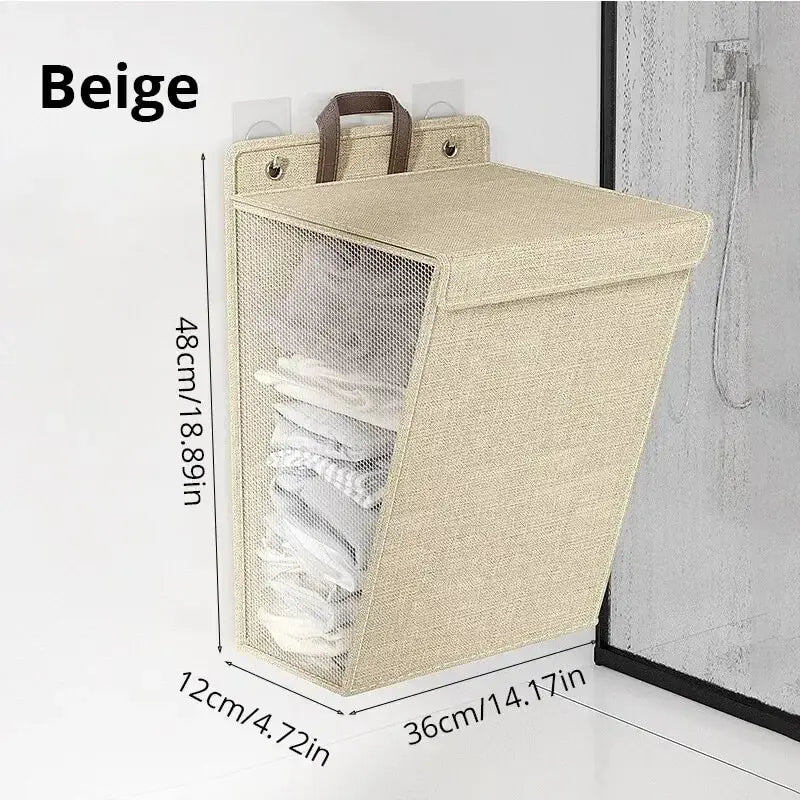 1pc Foldable Adhesive Laundry Basket Hamper, Multifunctional Punch Free Wall Hanging Washing Clothes Mesh Hook Organizer Peaceful Pleasures Health and Wellness 1pc Beige Medium