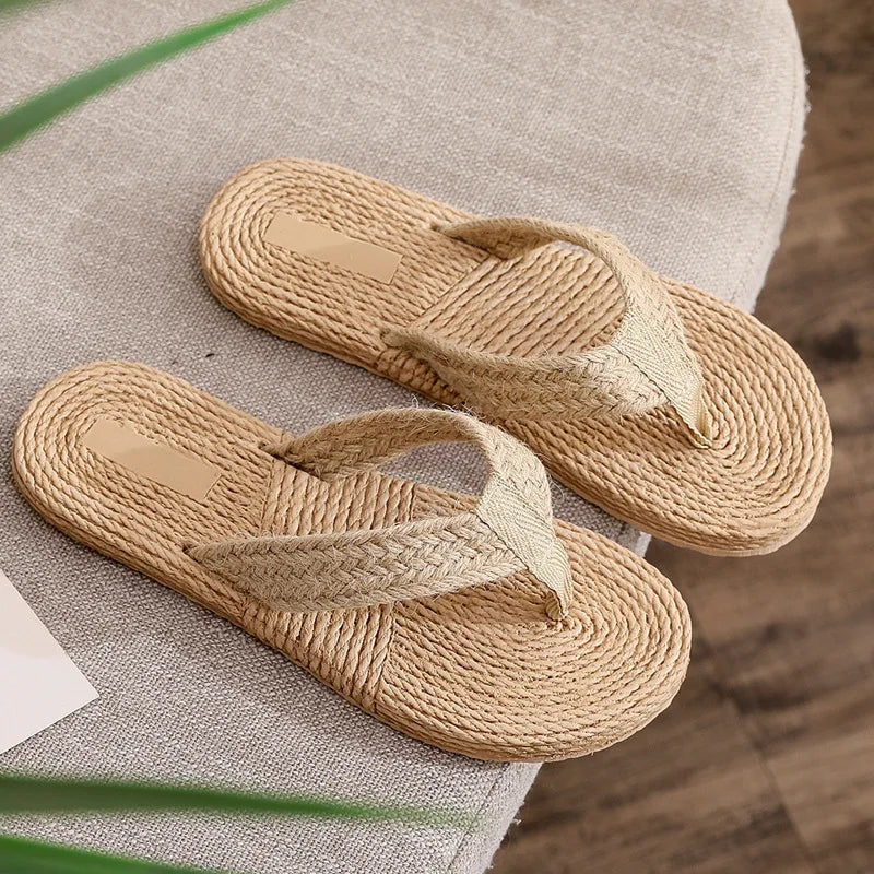 JPNTKY Faux Grass Woven Women's Flat Sandals | Beach Flip Flops