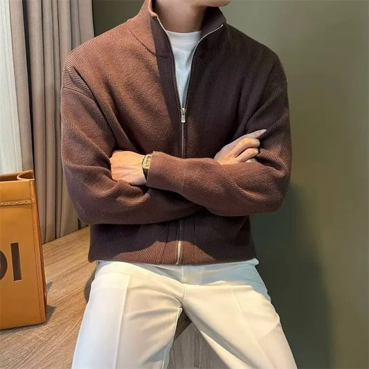 Men's Slim Fit Zip-Up Stand Collar Knit Cardigan Sweater Knit Zip-Up Cardigan Peaceful Pleasures Health and Wellness