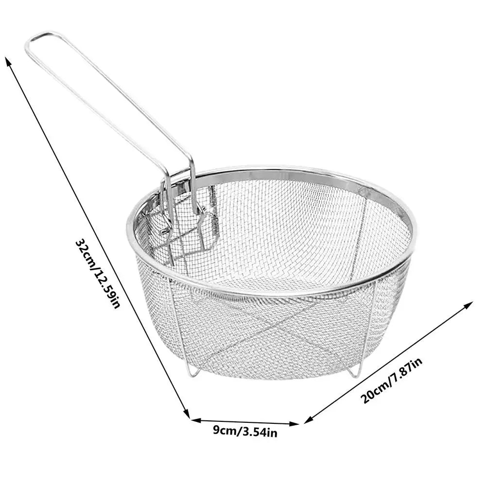 Stainless Steel Deep Fry Basket Round Wire Presentation With Detachable Handle Stainless Steel Drain Basket Fryer Skimmer Peaceful Pleasures Health and Wellness 20x20cm