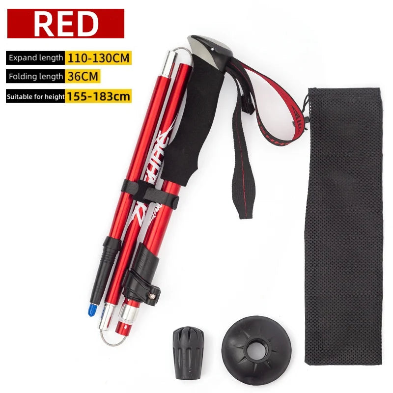 Aluminum alloy folding ultra-lightweight ultra-short retractable outdoor hiking stick, hiking staff, five-section hiking stick Peaceful Pleasures Health and Wellness red