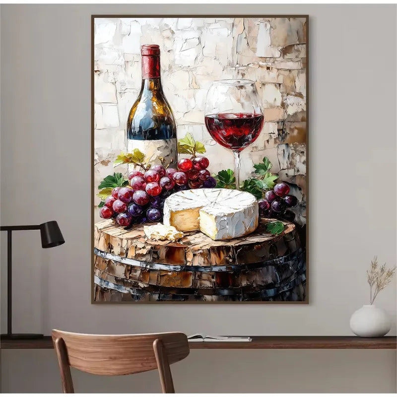 Watercolor Wine Cheese Olive Oil Kitchen Food Painting Rustic Artwork Aesthetic Canvas Poster Wall Pictures Home Farmhouse Decor Peaceful Pleasures Health and Wellness