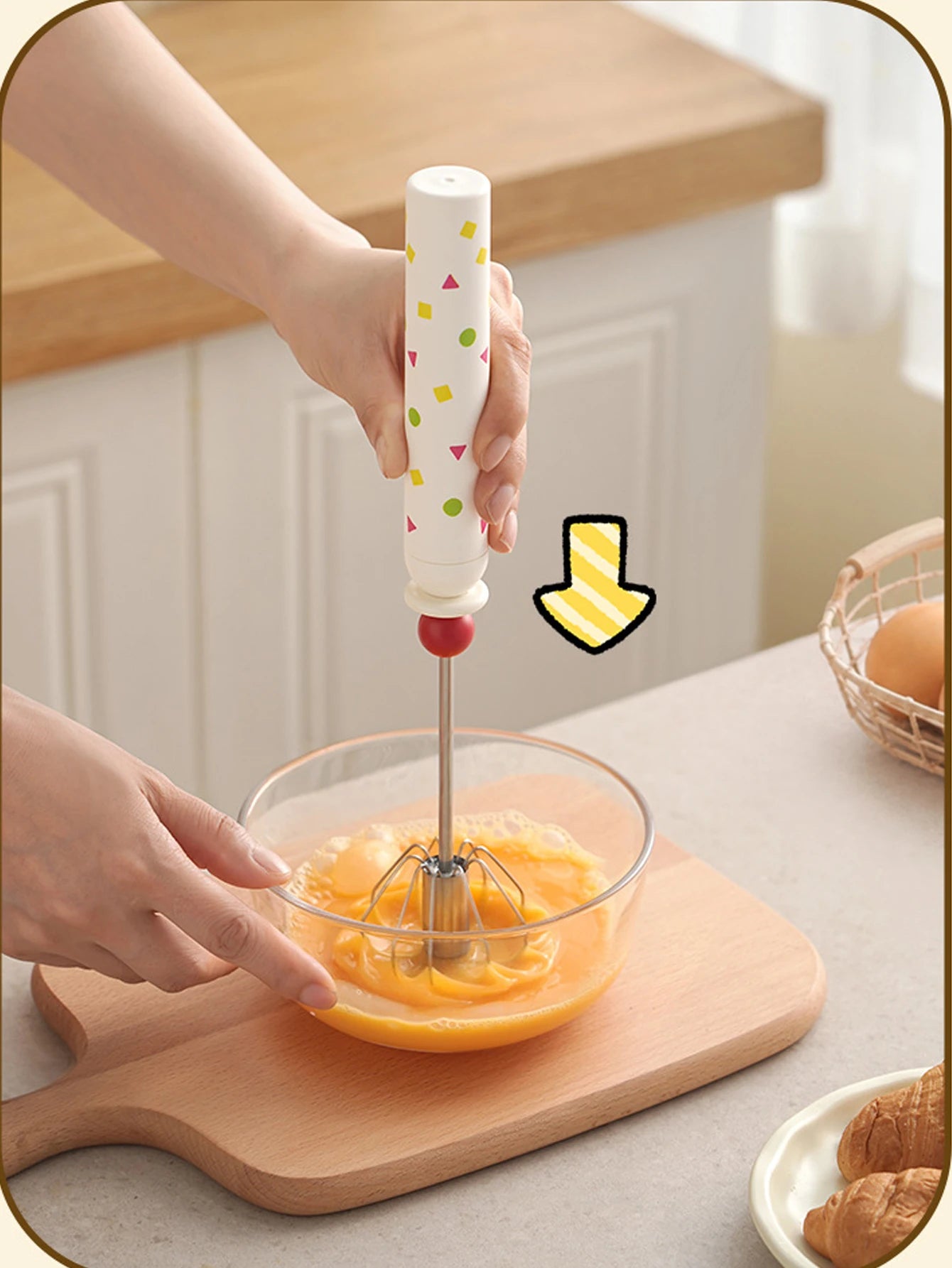 1Pcs Stainless Steel Egg Beater Durable Semi-Automatic Mixer for Effortless Egg Cream Mixing Stirring and Beating Kitchen Baking Peaceful Pleasures Health and Wellness