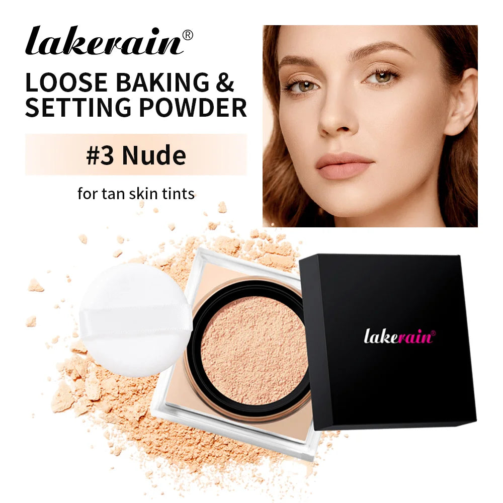 Waterproof Loose Baking&Setting Powder Long Lasting Oil Control Matte Setting Powder Natural Brightening Face Cosmetics Peaceful Pleasures Health and Wellness 3Nude and puff