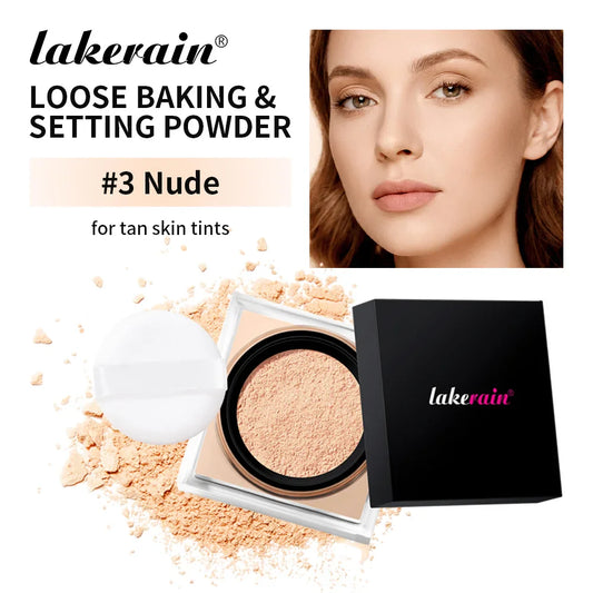Lakerain Loose Baking & Setting Powder + Puff | Matte Finish Loose Setting Powder Oasis Select 3Nude and puff