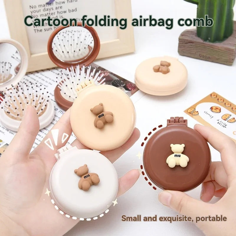 Cartoon Bear Folding Comb for Girls – Air Cushion & Mirror