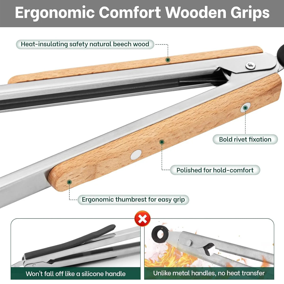 Leeseph Stainless Steel Food Tongs, 7-16 Inch Length, Heavy Duty Kitchen Tongs with Wooden Handle for Cooking, Grilling and BBQ Peaceful Pleasures Health and Wellness