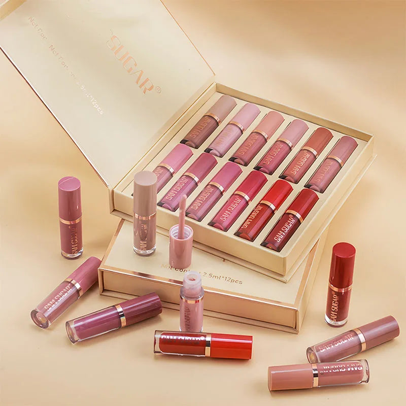 12 Colors Lip Gloss Set Matte Velvet Non-Stick Waterproof Sweatproof Long Lasting Exquisite Gift Set Gift Idea Peaceful Pleasures Health and Wellness