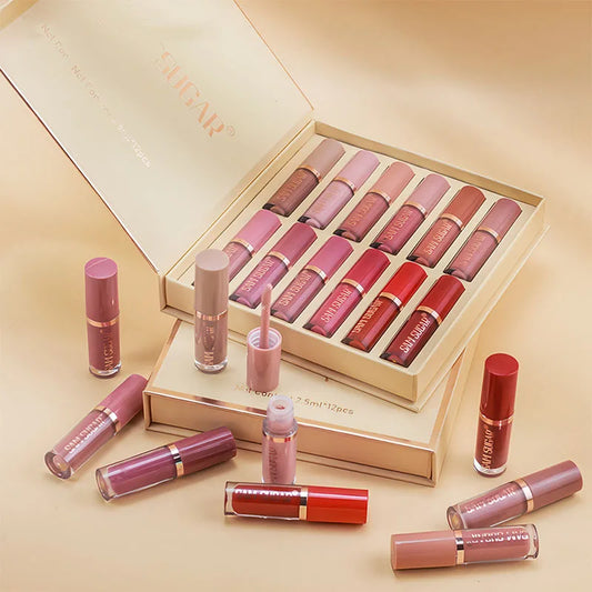 12 Colors Lip Gloss Set Matte Velvet Non-Stick Waterproof Sweatproof Long Lasting Exquisite Gift Set Gift Idea Peaceful Pleasures Health and Wellness