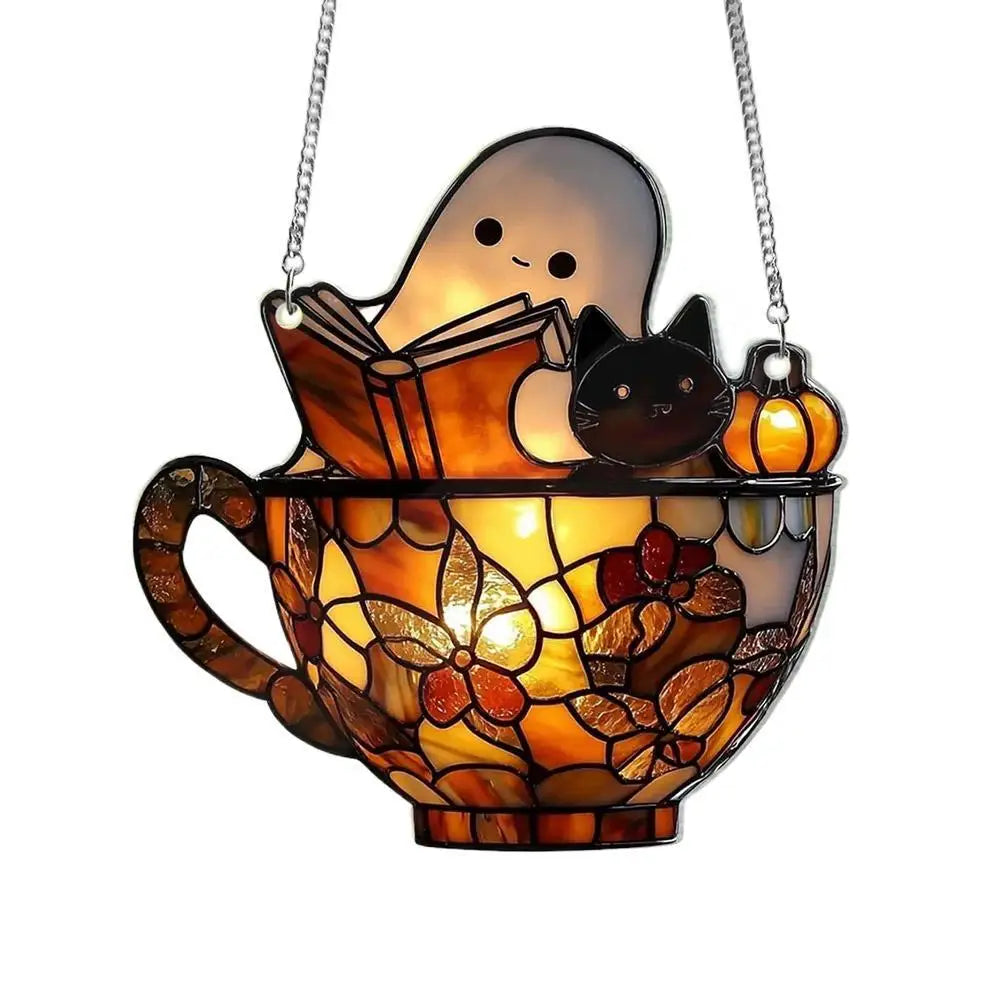 Halloween Ghost Reading Book Acrylic Suncatcher Window Hanging