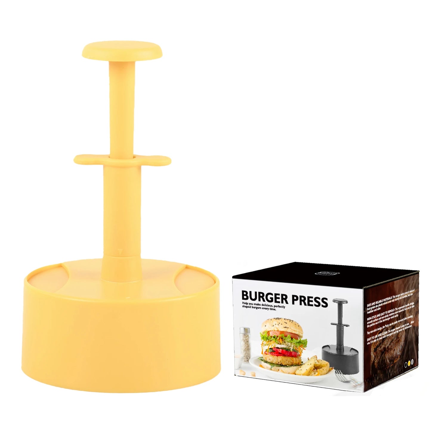 Round Hamburger Meat Pie Press Maker Food Grade Lightweight Manual Hamburger Patty Maker Making Mold Tool Kitchen Supplies Peaceful Pleasures Health and Wellness Yellow with box