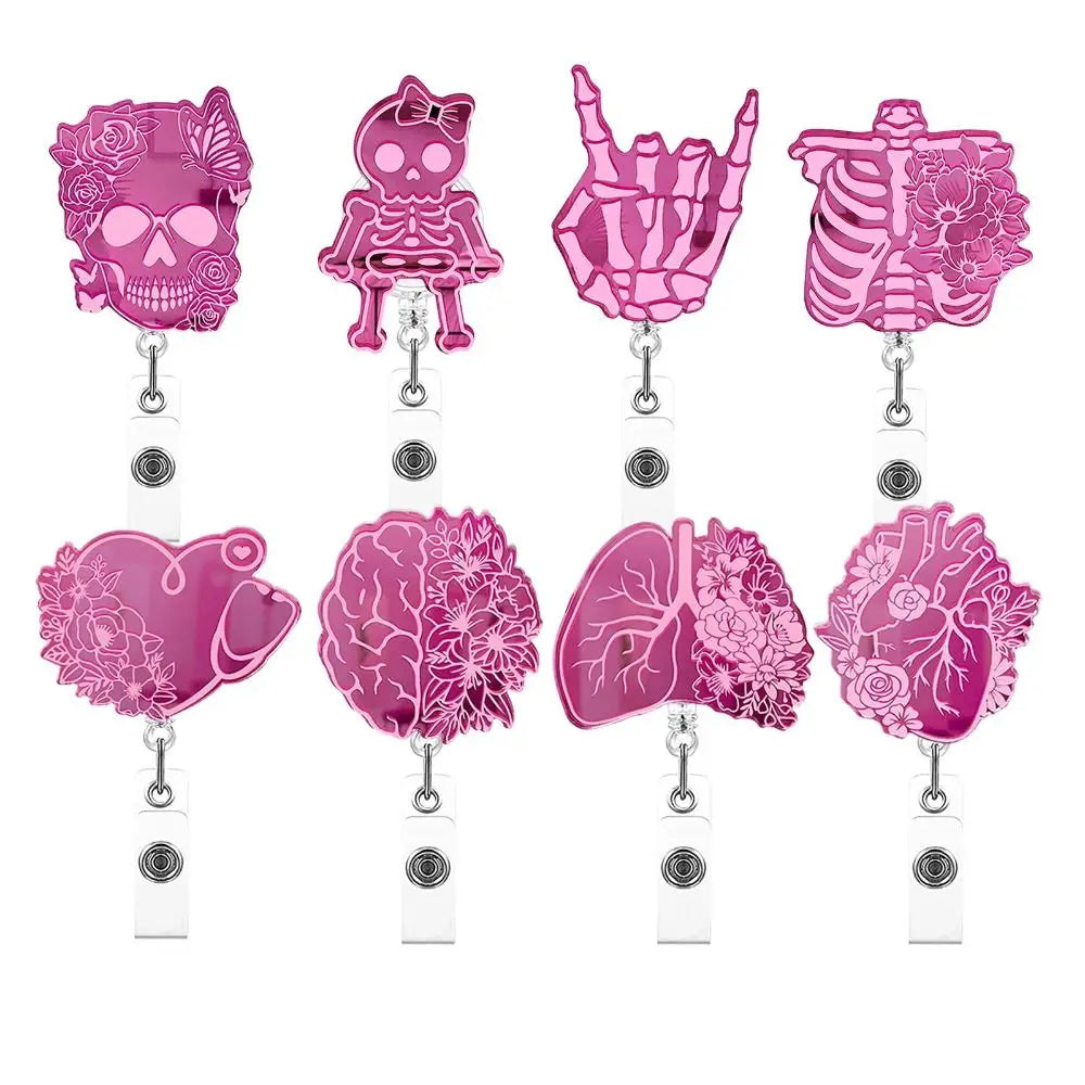 Pink Nurse Retractable Badge Reel Acrylic Skull Name Card Holder ID Card Clips 360 Rotating Alligator Clip Hospital Badge Holder Peaceful Pleasures Health and Wellness