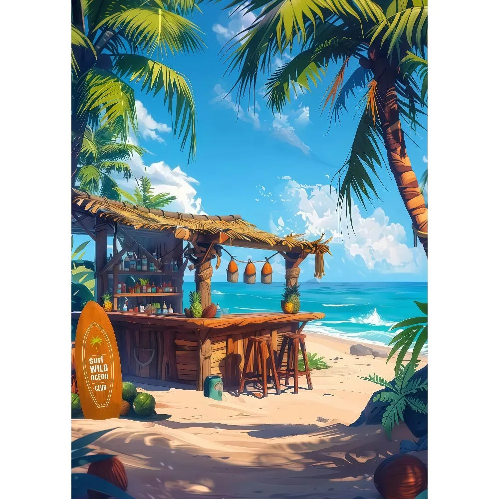 Anime Summer Landscape Canvas Wall Art | Beach Forest Cabin