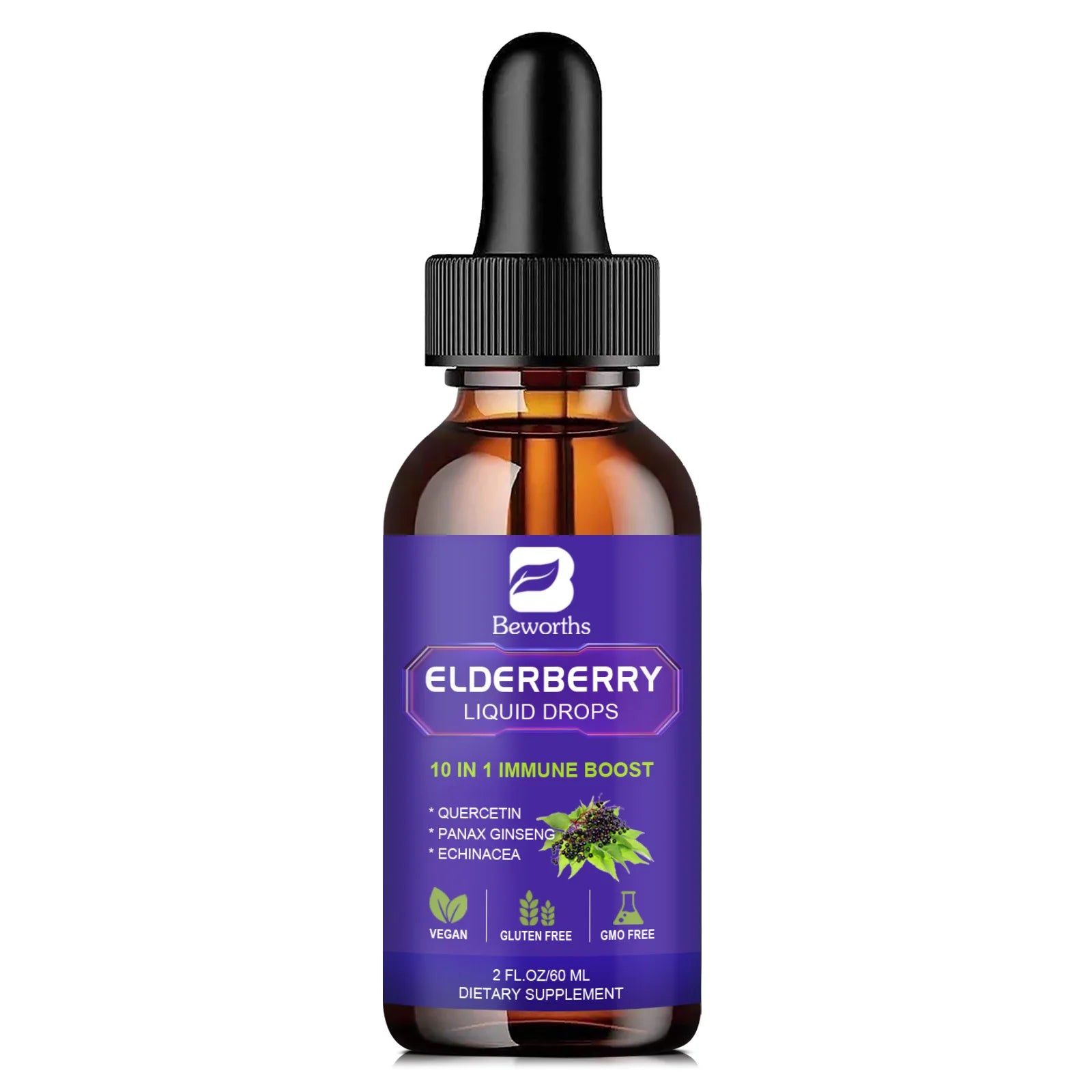 Black Elderberry Immune Drops with Vitamin C, Zinc & D3 Peaceful Pleasures Health and Wellness 60ml 5bottles United States