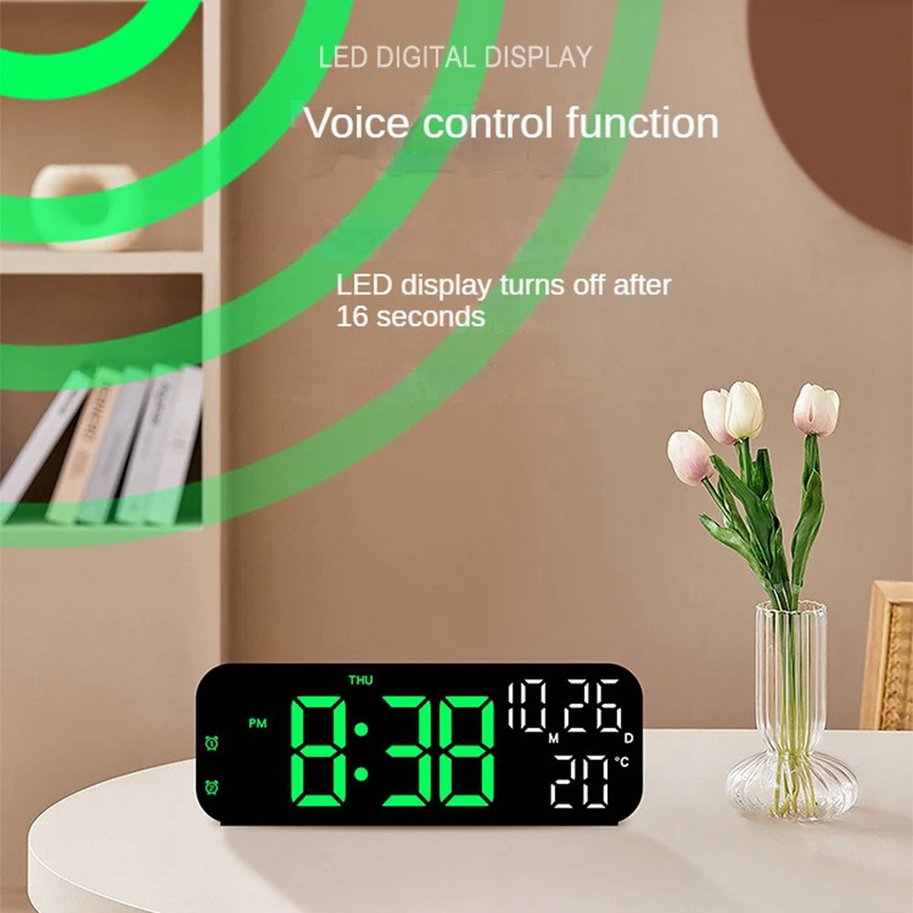 Digital Alarm Clock Temperature and Date Week Display Night Mode Table Clock Voice Control 12/24H Electronic LED Alarm Clocks Peaceful Pleasures Health and Wellness