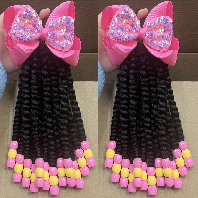 2PCS Hair 2024 New Little Girls Braided Ponytails with Beads Kids Girls Hair Bow Glitter Shinny Shining with Big Balls Bubbles Peaceful Pleasures Health and Wellness
