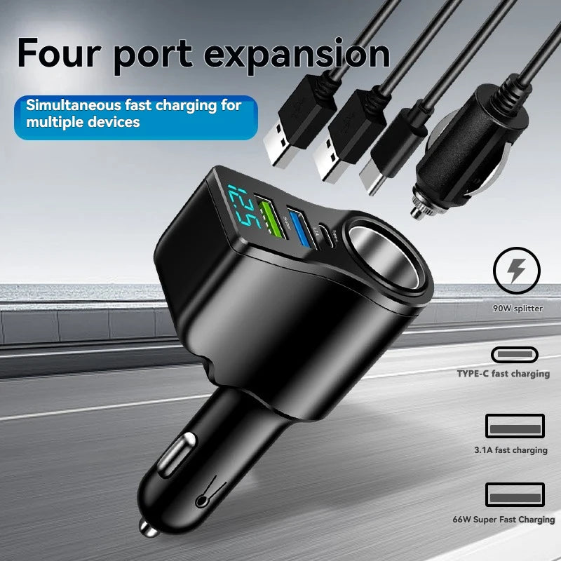 4-in-1 66W USB-C Car Charger with Digital Display & Splitter