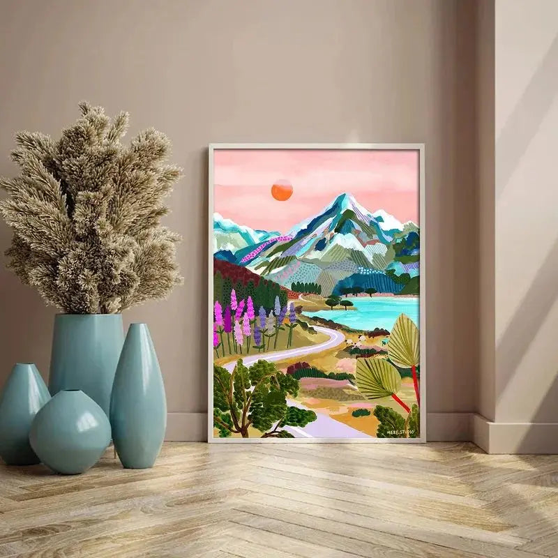 Nordic Flowers Mountain Lake Colorful Nature Landscape Travel Poster Canvas Print - Abstract Wall Art for Room Home Decor Peaceful Pleasures Health and Wellness