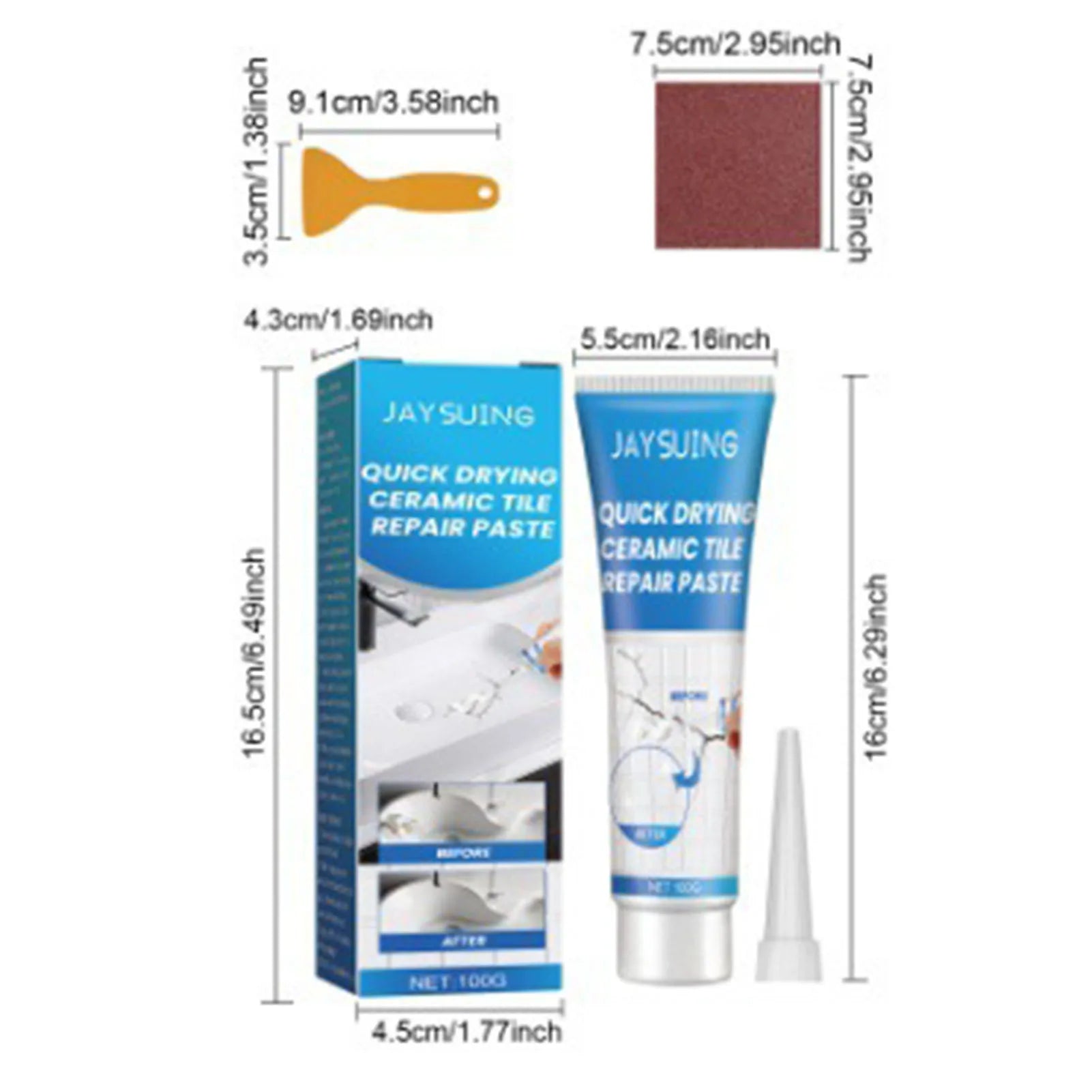 100g Tile Repair Glue Fast Drying Waterproof Patch Paste for Bathroom Kitchen Floor Wall Cracks Holes Includes Scraper Sandpaper Peaceful Pleasures Health and Wellness