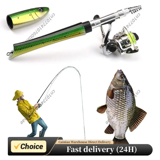 Portable Fish Shaped Fishing Rod Pole Reel Mini Pocket Pen Fishing Rod with Reel Fishing Pole with Reel Fishing Accessories Peaceful Pleasures Health and Wellness