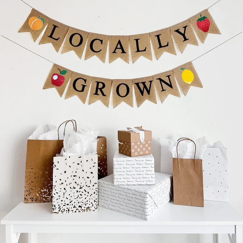 Locally Grown Burlap Banner – Farmers Market & Garden Décor Burlap Party Banner Peaceful Pleasures Health and Wellness black