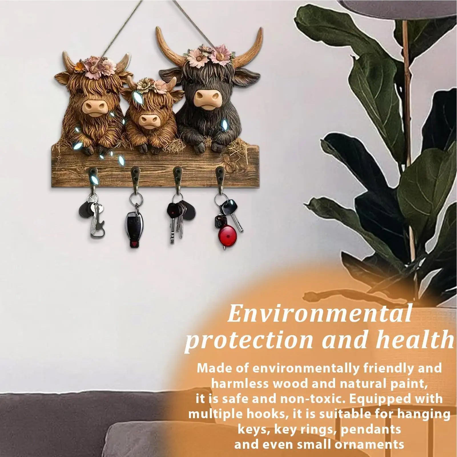 Key Hanger Decorative 4 Hooks Cow Design Hanger Rustic Decorative Key Rack Wall Mount For Hat Coat Bag Backpack Purse Home Peaceful Pleasures Health and Wellness