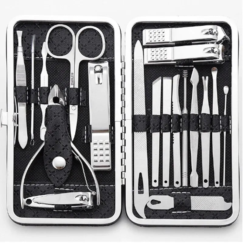 19-Piece Home Nail Clipper Set Large Dead Skin Pliers Diagonal Small Eyebrow Clipper with Leather Sleeve for Personal Grooming Peaceful Pleasures Health and Wellness black