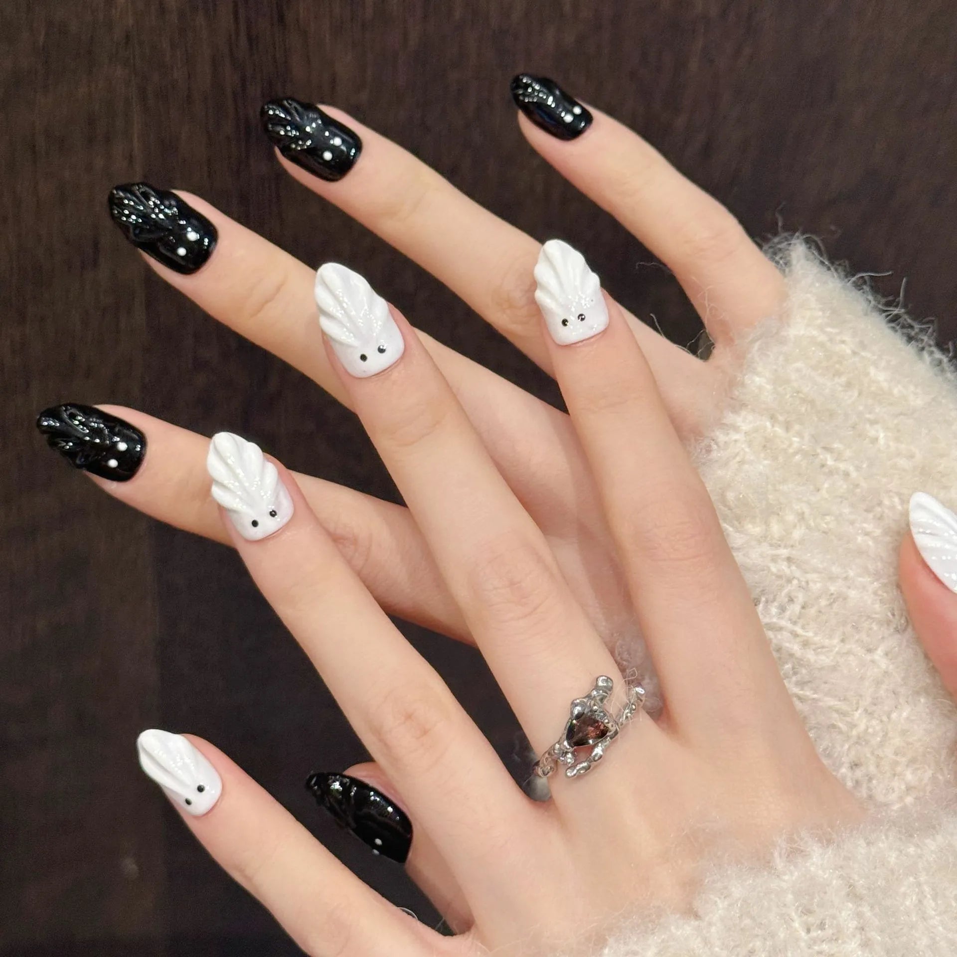 Halloween Ghost Press On Nails | 3D Almond Fake Nails Set 10pc Press On Nails Peaceful Pleasures Health and Wellness XS