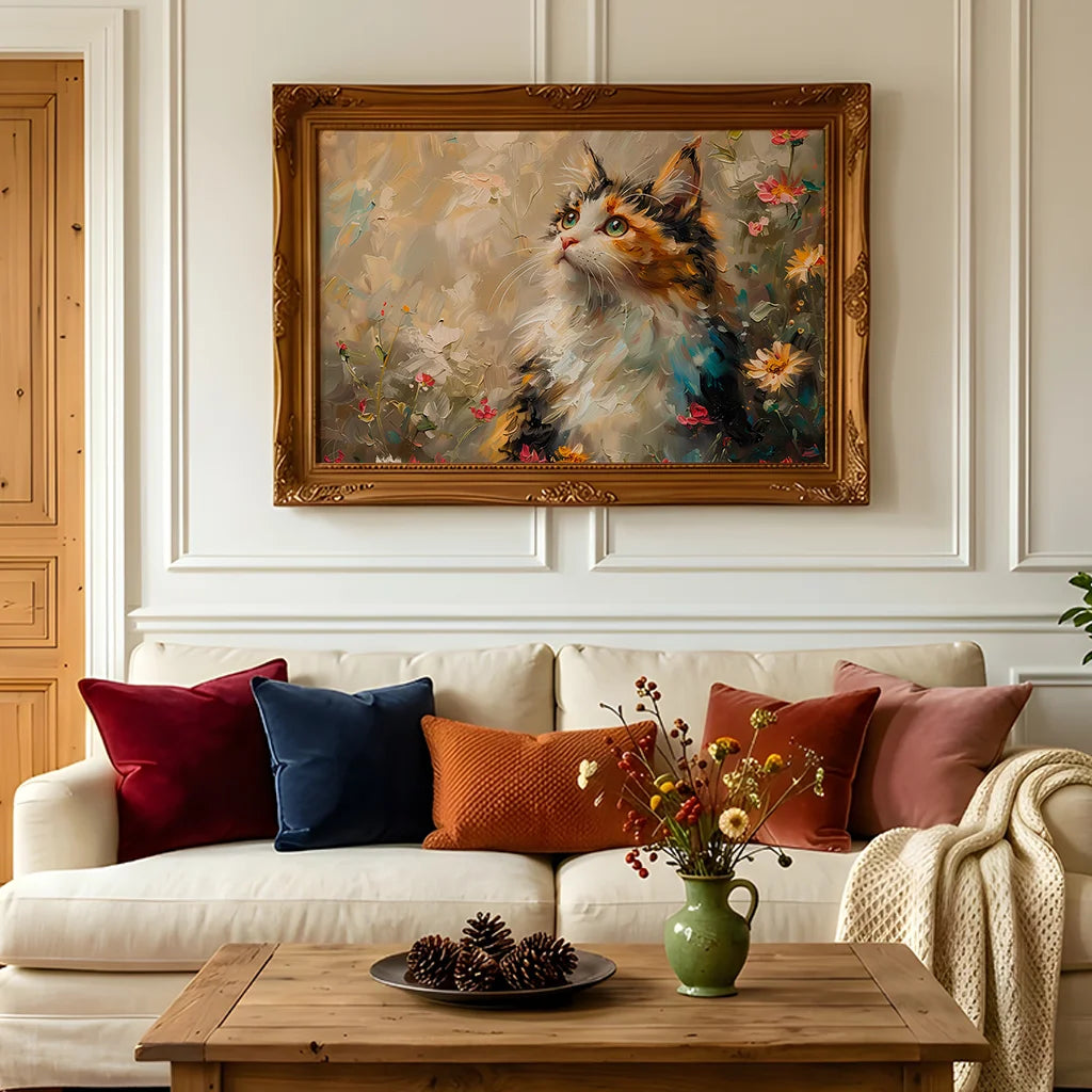 Vintage Animal Wall Art, Flower Cat Oil Canvas Painting, Nordic Poster Print for Bedroom Living Room Wall Decor Peaceful Pleasures Health and Wellness