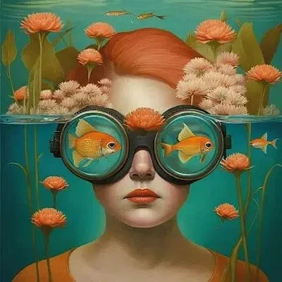 Surrealism Woman & Fish Canvas Wall Art | Fantasy Portrait Print