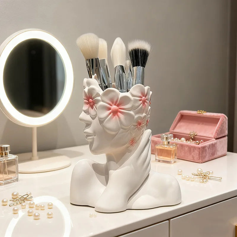 Nordic Style Face Holding Girl Makeup Brush Storage Cylinder Fashion Dresser Storage Tank Eyebrow Brush Eyeliner Pen Storage Box Peaceful Pleasures Health and Wellness