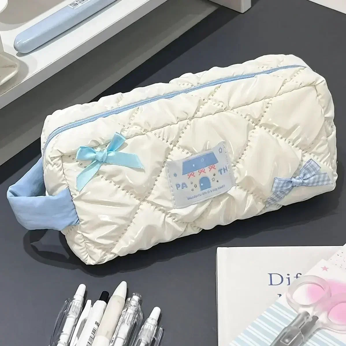 Blue White Bow Pencil Bag Large Capacity Stationery Bag Travel Storage Bag Women'S Cosmetic Bags Cute Design Girls Pencil Case Peaceful Pleasures Health and Wellness