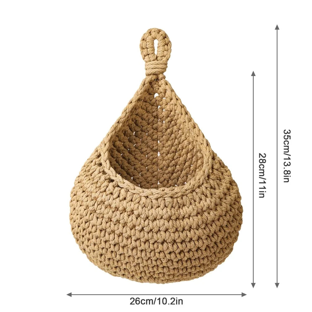 Handwoven Wall Hanging Fruit & Vegetable Basket – Boho Jute Teardrop Storage