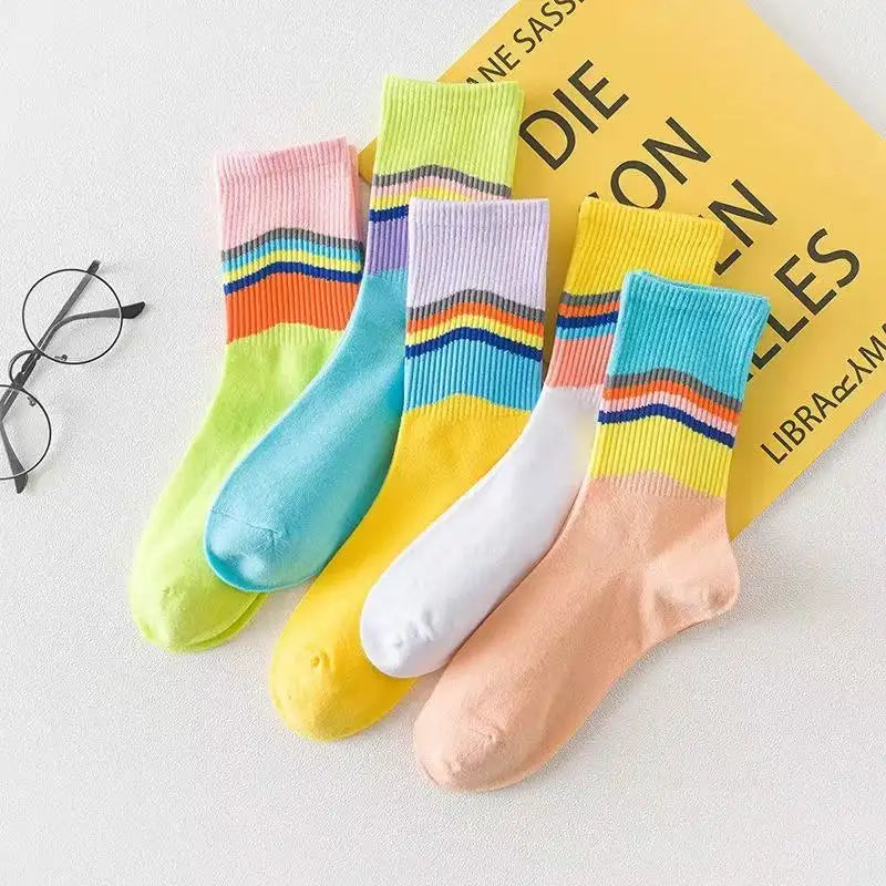 5 Pairs Men's Colorful Striped Casual Socks, Fashionable Sports Socks, Sweat Absorbing And Breathable, Suitable For All Seasons Peaceful Pleasures Health and Wellness 5 Pairs Mix 3 One Size